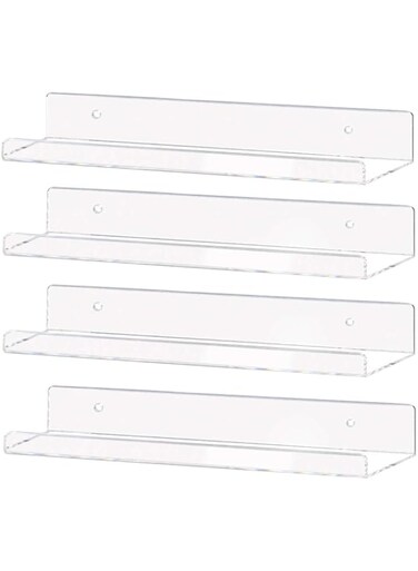 Weiai Clear Acrylic Shelf 15" Invisible Floating Wall Ledge Bookshelf, Kids Book Display Shelves Wall Mounted (15 Inch 4Pack)