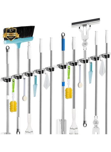 Hooks Broom Holder Wall Mounted with Nails Installation, Heavy Duty Stainless Steel Mop Holder, Brush Mop and Broom Storage Self Adhesive