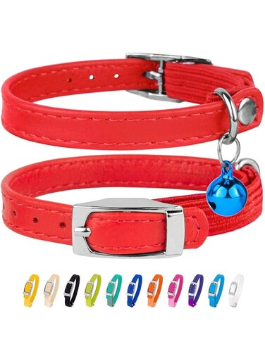 CollarDirect Leather Cat Collar, Cat Safety Collar with Elastic Strap, Kitten Collar for Cat with Bell Black Blue Red Orange Lime Green (8-11 Inch, Red)