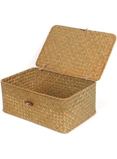 FEILANDUO Wicker Shelf Baskets with Lid,Seagrass Storage Basket Bins Rectangular Handwoven Basket Boxes for Shelves Desktop Home Organizer (Natural, Medium)