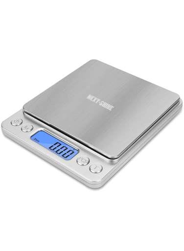 NEXT-SHINE Digital Kitchen Scale 500 x 0.01 Gram, Pocket Size with PCS Tare Switch Weighing Units Function, Stainless Steel Platform