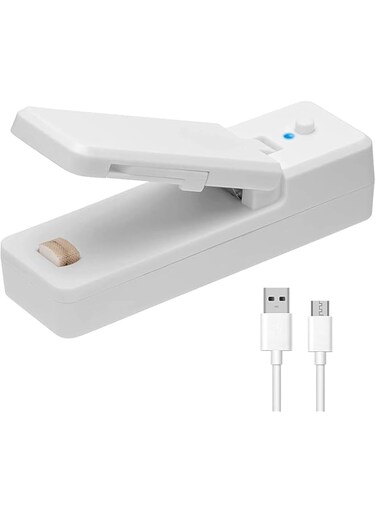 KASTWAVE Mini Bag Sealer - 2 in 1 Portable Rechargeable Handheld Vacuum Heat Sealer and Cutter, Sealing Machine for Chip Bags, Plastic Bags, Snack Storage, Cookies Freshness, Kitchen Food, White