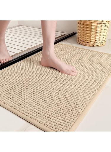 Color&amp;Geometry Beige Chenille Bathroom Rugs 44x75 cm- Non Slip, Absorbent, Quick Dry, Washable Bathmat Fit Under Door, Thin Bath Mats for Washroom Floor, Woven Shower Mat Outside Shower