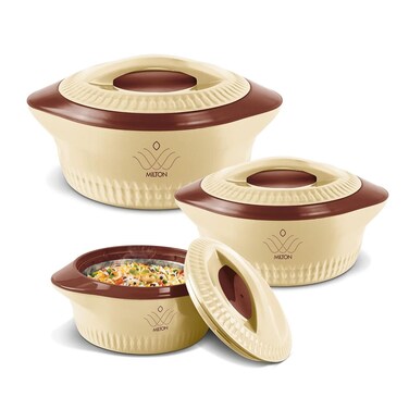 Casserole Hot Pot Set of 3 &acirc;&euro;&ldquo; Inner Stainless Steel Insulated Serving Pots BPA Free, Food Grade, Ideal for Chapati &amp; Roti &acirc;&euro;&ldquo; Brown, Royal Regular