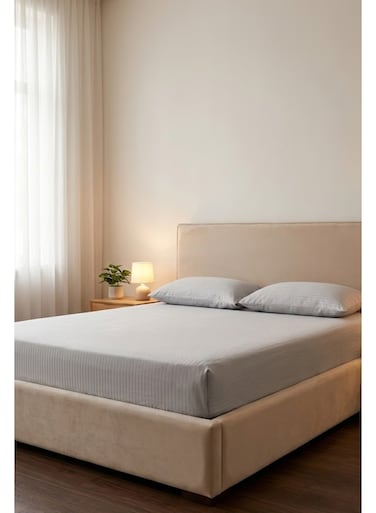 Cotton 3-Piece Microfiber Super King Fitted Sheet Set &acirc;&euro;&ldquo; Light Gray Striped 200 x 200 cm with Full Elastic &amp; 2 Pillowcases