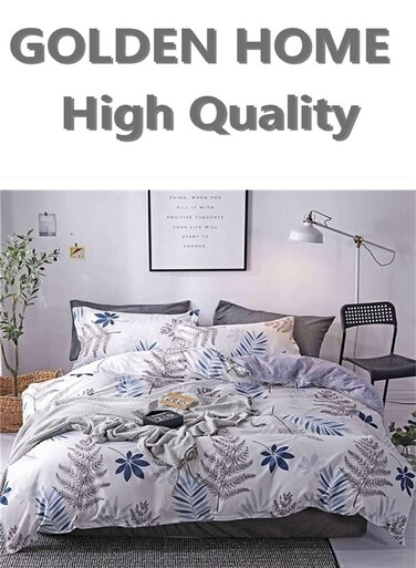 HOME 6 Piece King/Queen/Single size, blue flowers and grey leaves duvet cover set. set includes 1 Comforter Cover, 1 Fitted Bedsheet, 4 Pillowcases