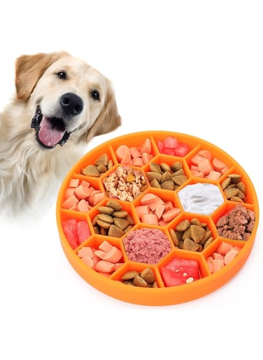 Pawow Slow Feeder Dog Bowls, Silicone Dog Bowl with Suction Cups for Fast Eaters, Non-Slip &amp; Anti Gulping, Dishwasher Safe, Reduces Anxiety, Slow Feeding Dog Bowl for Small Medium Large Breed(Orange)