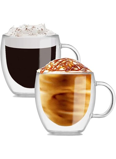 Lushh Set of 2Pcs 250 ML Double wall Insulated Cofee Mugs with Handle, Everyday Coffee Glasses Perfect for Espresso Machine and Maker