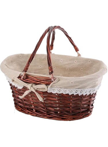 KUKUMAJI Wicker Picnic Basket with Double Folding Handles,Wicker Picnic Basket with Liner,Empty Gift Basket, Oval Willow Woven Basket for Fruit,Wine,Gathering,Wedding,Picnic