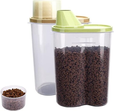 2Pcs Pet Food Storage Containers, Traveling Cat/Dog Food Container Set with Measuring Cup, Birds Feed/Food Container 2.5L, Refill Your Pet&rsquo;s Bowls