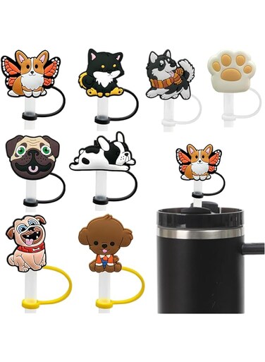 EXCEFORE Straw Covers Cap Toppers, 8 Pcs Straw Cover for Stanley Cup, Silicone Straw Covers Cap Reusable Drinking Straw Topper Compatible, for Stanley Cups Accessories (0.4in, Dog)