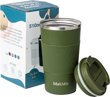 ماهمير كوب سفر معزول بتفريغ الهواء من الستانلس ستيل، كوب قهوة وماء للمنزل والمكتب والعمل في الهواء الطلق، رائع للمشروبات المثلجة والمشروبات الساخنة (510 مل، اخضر)