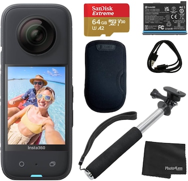 Insta360 X3 Waterproof 360 Action Camera With 1/2'' 48MP Sensors, 5.7K Active HDR Video, 72MP Photo, 4K Single Lens + 64GB SD Card Handheld Monopod Photo4less Cloth Black