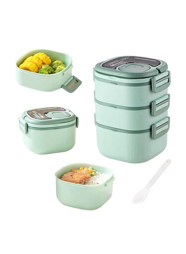 Bento Box, All-in-One Salad Container Large 82-oz Salad Bowl, 3-Layer Bento-Style Tray for Toppings, Leakproof Food Container with Reusable Spoon for On the Go Meal, Microwave Safe