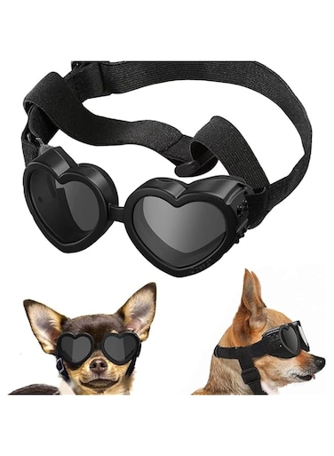 Dog Sunglasses Small,UV Protection Dog Sunglasses with Adjustable Strap, Heart Dog Goggles for Waterproof Windproof Anti-Fog Eye Protection (Black, One Size)