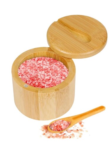 Bamboo Salt Cellar with Mini Spoon, Kitchen Salt Box with Swivel Magnetic Closure Lid, Round Salt Container to Storage Pepper Spice Bath Salt Sea Salt