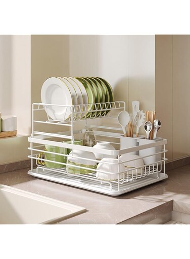 Dish Rack Stand,2-Tier Kitchen Organizer Dish Drying Rack, Dish Drainer Plate Rack Dish Rake with Drain Board &amp; Utensil Holder,Countertop Large Antibacterial Kitchen Utensils Dish Racks-white