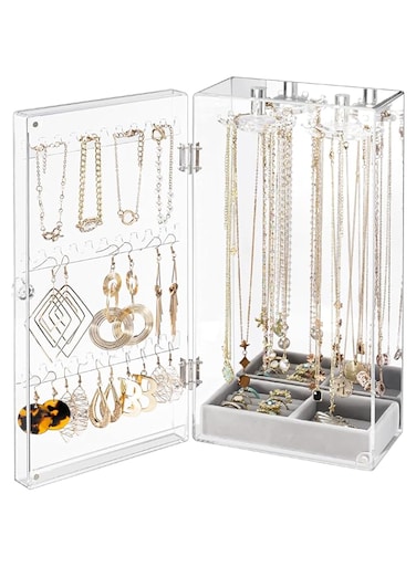 Lolalet Earring Holder Organizer, Acrylic Jewelry Organizer Rotating Clear Earrings Display Box, Dust-proof Jewelry Storage Case with Velvet Tray -Earringmirror
