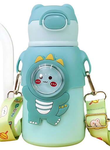 Stainless Steel Kids Water Bottle - Leak Proof, Vacuum Insulated with Straw, BPA Free, Hot &amp; Cold Drink Flask, Food Grade Steel, Portable with Strap, 520ml (Green)