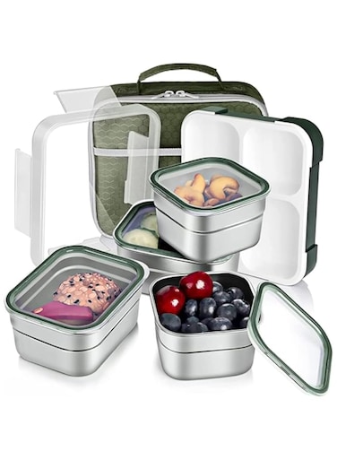 NIXUIO Insulated Bento Lunch Box Stainless Steel, 4 Removable Compartments For Adults &amp; Kids With Lunch Bag &mdash; Microwave/Dishwasher/Freezer Safe &mdash; BPA Free, Leakproof [ Green, 1060 ML ]