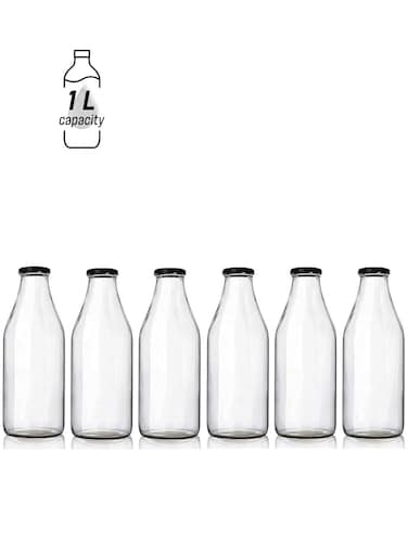 6 pack 1L Glass Bottles, Clear Glass Milk Bottles with Black Lids, Shake Container, Drinking Bottles with