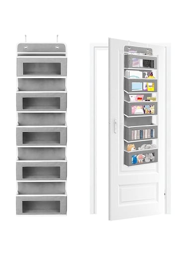 THE WHITE SHOP Over the Door Storage Organizer, with 5 Large Pockets, Wall Mount Storage with Clear Windows and 2 Widened Metal Hooks for Pantry, Nursery, Diapers, Bathroom, Kitchen, Closet(33*12*128)
