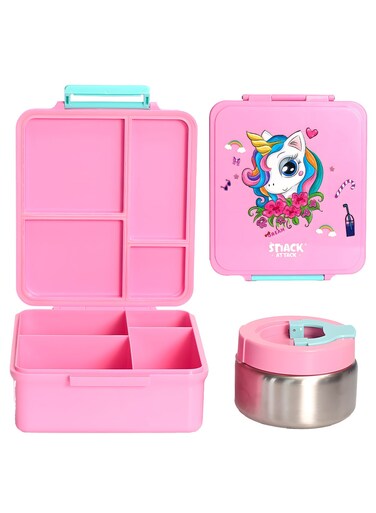 Attack Pink Unicorn Kids Bento Lunch Box with Thermos Jar &acirc;&euro;&ldquo; 4-Compartment Stainless Steel Leakproof Lunchbox with Silicone Seal &acirc;&euro;&ldquo; Cute PinkUnicorn Artwork &acirc;&euro;&ldquo; Keeps Food Hot up to 5 Hrs &acirc;&euro;&ldquo; BPA-Free