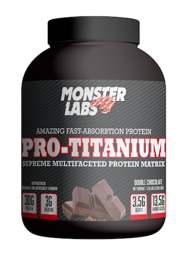 Monster Labs Pro Titanium 100% Fast-Absorption Whey Protein, 30 Grams Of Protein With 3g Creatine, 3.5g BCAA, 13.5g Amino Acids - Double Chocolate, 5.18 Lbs, 54 Servings