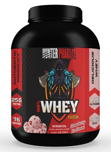 Hunter 100% Whey Protein 5 LBs - 25g Protein With BCAA &amp; Glutamine For Muscle Recovery (Strawberry Ice Cream)