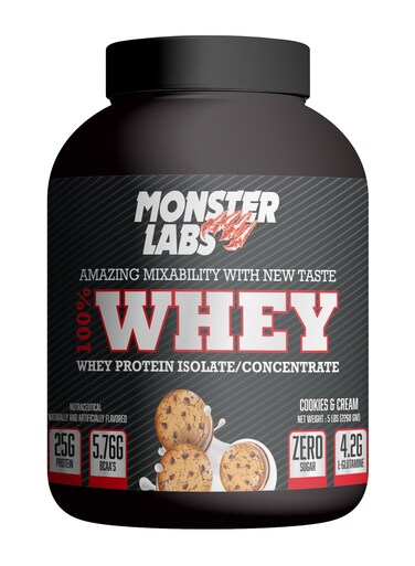 Monster Labs 100% Whey Protein, 25 Grams Of Protein For Muscle Support And Recovery - Cookies &amp; Cream, 5lbs (76 Servings)
