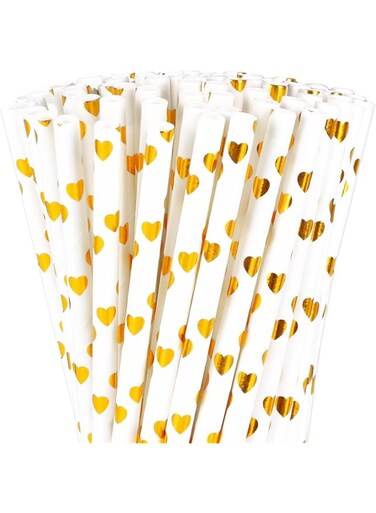NimbusNote 100Pcs Gold Foil Heart Paper Straws, Heart Disposable Drinking Straws, Valentines Party Decorative Straws, for Wedding Birthday Party Supplies
