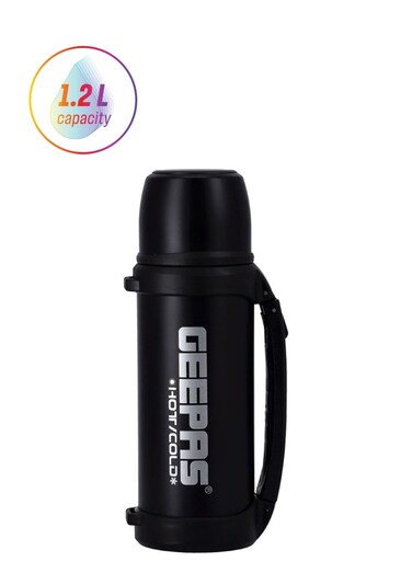 Vacuum Insulated Flask Leak Proof Stainless Steel Double Walled Thermal Mug for Hot or Cold Drink Silver/Black 1.2Liters