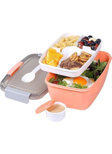 ChicAbode Salad Lunch Container with 68 OZ Salad Bowl, Large Bento Lunch Box with Lid, 5-Compartment Trays Dressing Container, Stackable, Leak-Proof, BPA-Free, Microwave, Dishwasher Safe