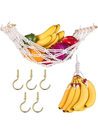KASTWAVE Hanging Fruit Hammock, Fruit Rack Net, Fruit Basket, Fruit Storage Space Saving, With Hooks Suitable For Kitchen Cabinets