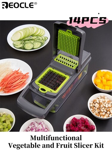 14pcs Multifunctional Vegetable and Fruit Slicer Kit Manual Food Processor with Container Drain Basket Handle Food Grater Cutting Machine with Container Onion Chopper Perfect for Picnic Cooking Outdoor Camping Kitchen