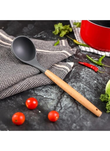 DC3169 Silicone Soup Ladle with Wooden Handle, Black/Brown