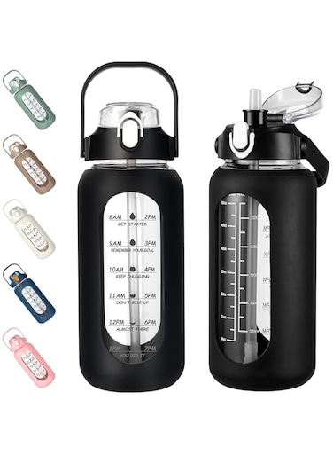 64oz Glass Water Bottles with Straw, Half Gallon Motivational Glass Bottle with Silicone Sleeve and Time Marker, 2L Leakproof Large Glass Water Jug for Gym Home Office, Black