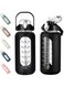64oz Glass Water Bottles with Straw, Half Gallon Motivational Glass Bottle with Silicone Sleeve and Time Marker, 2L Leakproof Large Glass Water Jug for Gym Home Office, Black