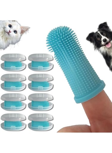 Aputue Dog Finger Toothbrush, Silicone Pet Toothbrushes, 360&ordm; Dog Toothbrush Kit, Dog Cat Toothbrush with Storage Case, Full Surround Bristles, Non-toxic Silicone, Easy to Clean (8 PCS Blue)