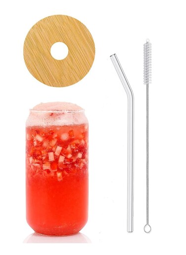 Glass Cans, LEDIN Can Shaped Glass Glass Cups Transparent Water Cup Juice Drink Cup Drinking Cups with Bamboo Lid Straw for Water and Mixed Drink for Any Drink and Any Occasion ( 16oz )