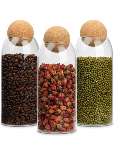 Glass Jar with Ball Cork Lid, Glass Canister with Wood Lid, Storage Container Jars for Coffee, Tea, Spice, Sugar, Salt, Set of 3 (3 PC, 800ml)