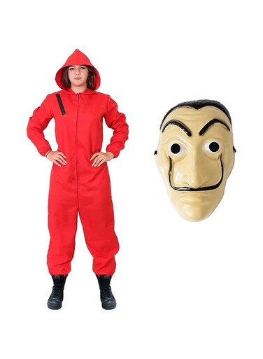Adults Unisex Bank Robber Fancy Dress Costume - Red Jump Suit With Hood Costume - T.V. Show Fancy Dress