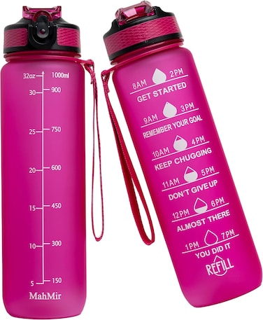 زجاجة مياه سعة 1 لتر مع مؤشر الوقت ومصفاة تريتان خالية من BPA للياقة البدنية وصالة الالعاب الرياضية والرياضات الخارجية من ماهمير (بينك)
