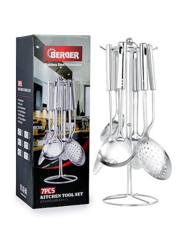 Berger Stainless Steel Kitchen Tools 7-Piece Set, Silver, Multifunctional Stainless Steel Kitchenware with Holder Stand