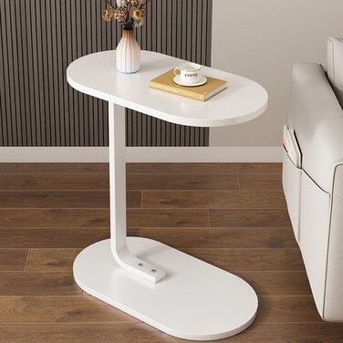 Side Table NAN C-Shaped, Metal Frame MDF Simple Tea for Hotel Famous and Famous Special-Shaped Table, White/Walnut Color