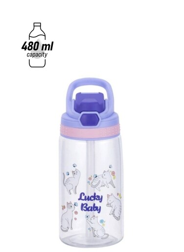 Water Bottles,Cartoon Plastic Water Cup,Kids Water Bottles with Straw,480ml Kids Drinking Water Bottle,with Carry Handle and Easy Button,Sealed Leak-proof Straw Cup Purple