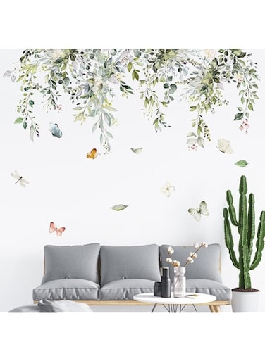 Foissy DIY Green Plants Wall Sticker,Watercolor Green Plants and Butterfly Wall Decals Peel and Stick Removable for Kids Baby Girls Nursery Bedroom Living Room Offices Classroom