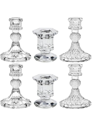 Glass Taper Candle Holder, Candlestick Stand, Crystal Clear Candlestick, Birthday Candle Holder, Glass Candle Centerpiece Set, for 2.2-2.4Cm Diameter Pole Candle, Wedding Festival Party Decor 6Pcs