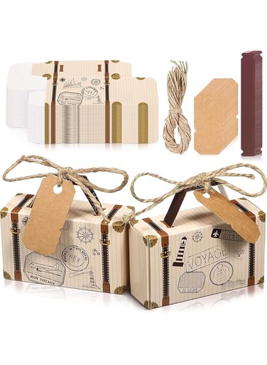 Small Candy Boxes, 50pcs Travel Suitcase Favor Boxes with Burlap Twine, Mini Vintage Kraft Candy Favor Boxes Gift Bags for Wedding Bridal Shower Travel Theme Party Supplies Party Rustic Candy Boxes