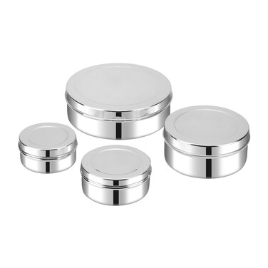 Stainless Steel Puri Dabba Set &acirc;&euro;&ldquo; 4 Pcs (6 cm, 7 cm, 9 cm, 11 cm)   Multipurpose Storage Containers for Puri, Snacks &amp; Dry Food   Food-Grade Steel, Rust-Free &amp; Easy to Clean